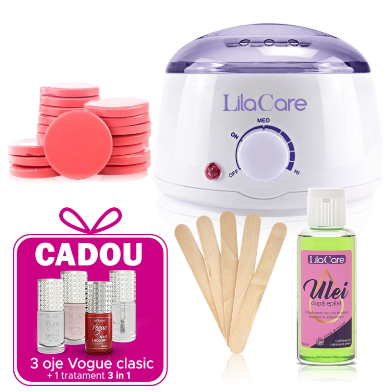 Kit epilare cu ceara discuri rose 1 x 400 g, 1 x incalzitor ceara, 1 x ulei dupa epilare, 1 x set 10 spatule