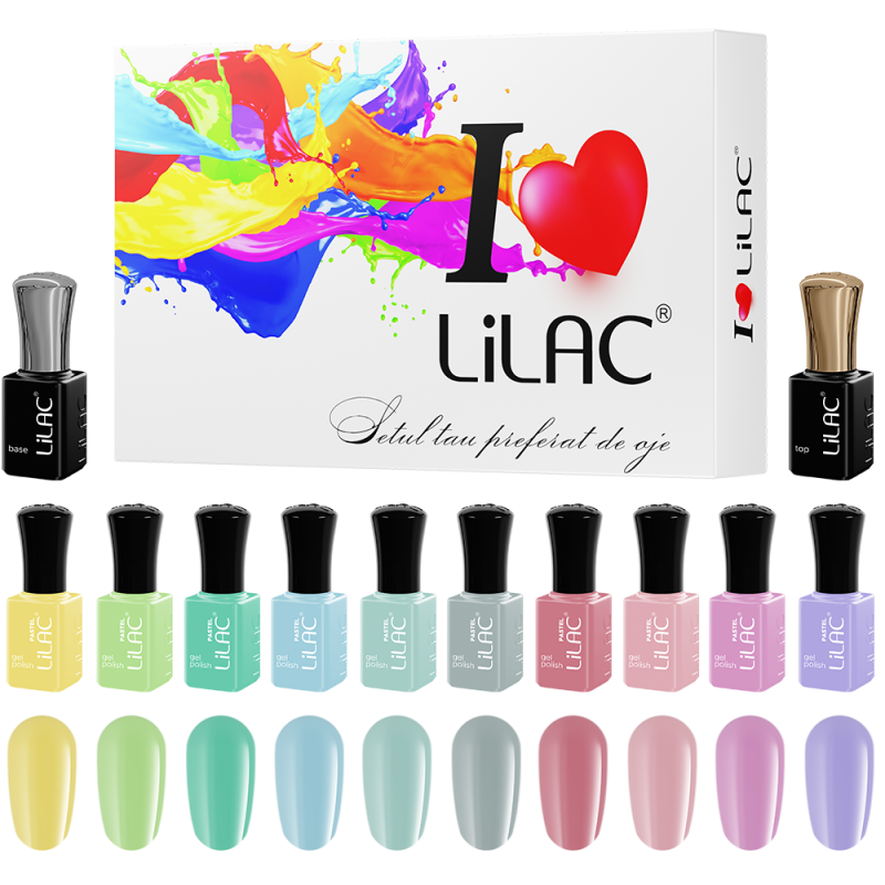 Kit oja semipermanenta Lilac, Pastel colors, 12 oje, 10 culori, base coat, top coat