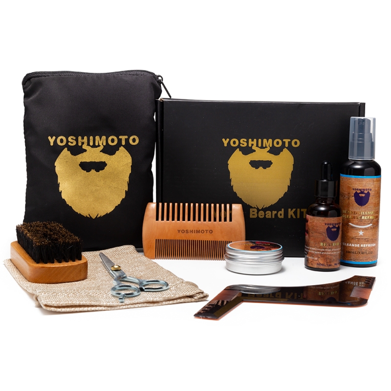 Set barber Yoshimoto, Man With Style, cu foarfeca, ulei, ceara, perie, sampon, pieptene dublu, beard shaper, pelerina neagra cu ventuze