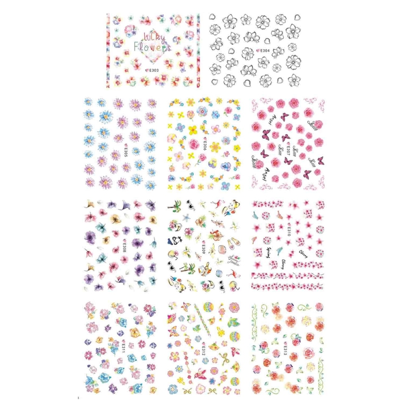 Set stickere A5 pentru decor unghii Lila Rossa, cu flori, fluturi, 11 buc, e-303-313