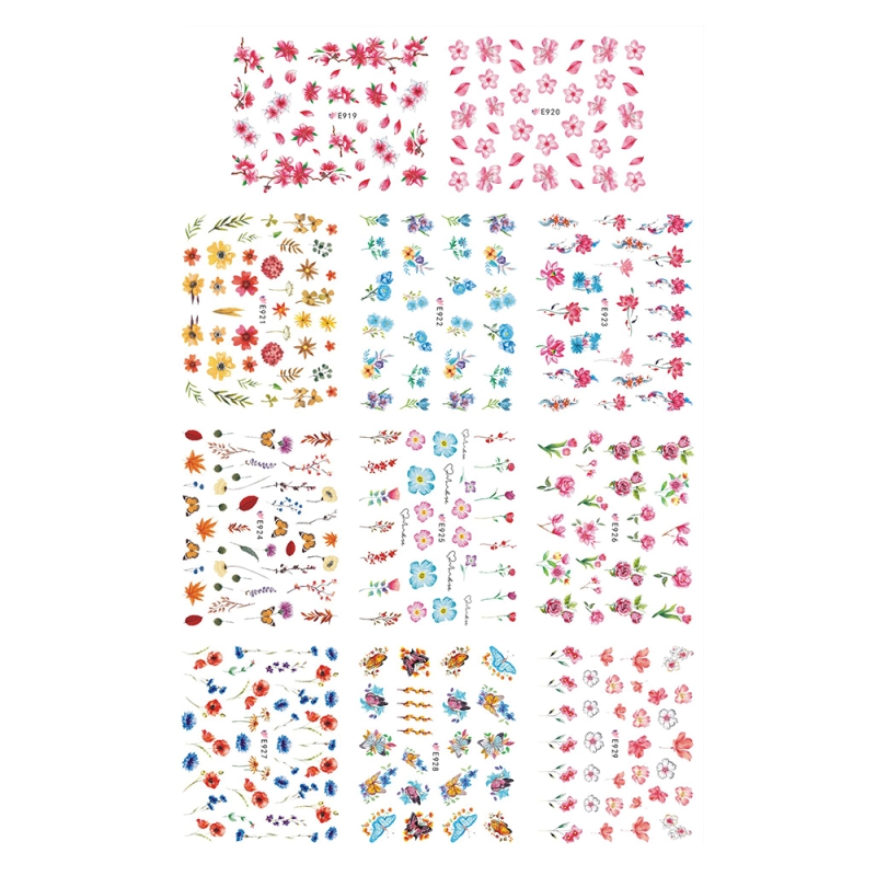 Set stickere A5 pentru decor unghii Lila Rossa, cu flori, fluturi, 11 buc, e-919-929
