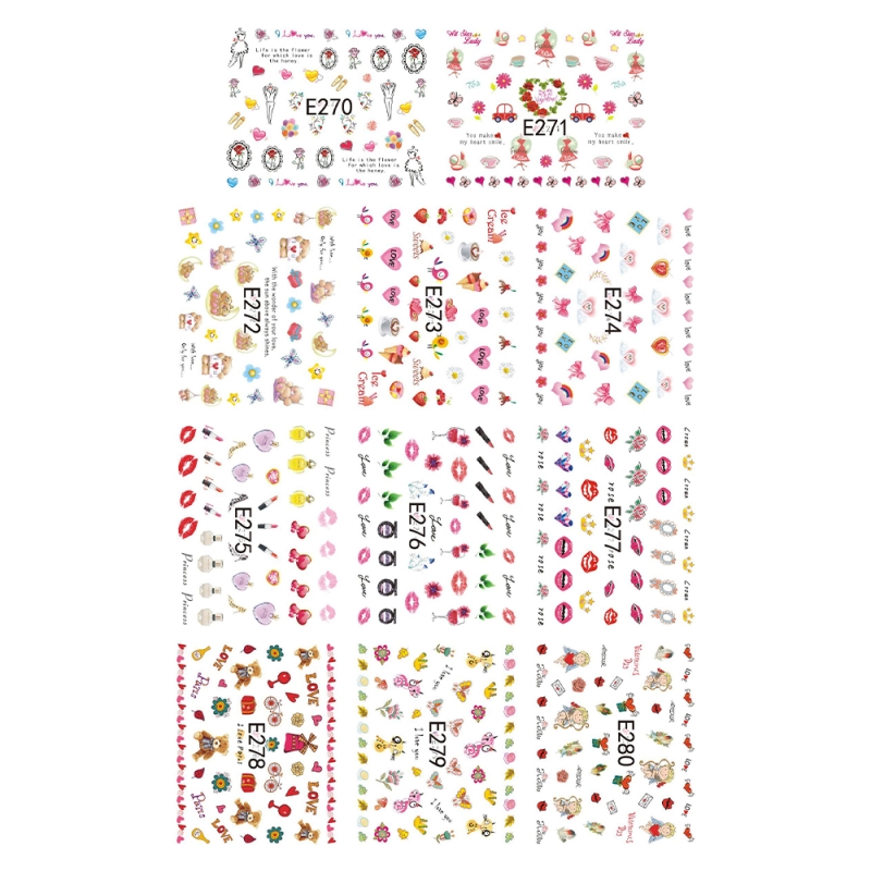 Set stickere A5 pentru decor unghii Lila Rossa, cu flori, inimioare, pentru valentine\'s day, 11 buc, e-270-280