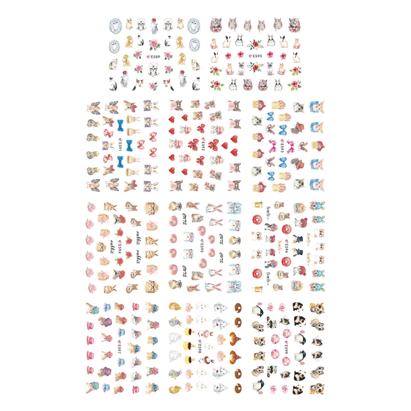 Set stickere A5 pentru decor unghii Lila Rossa, cu fundite, animale, inimioare, 11 buc, e-589-599