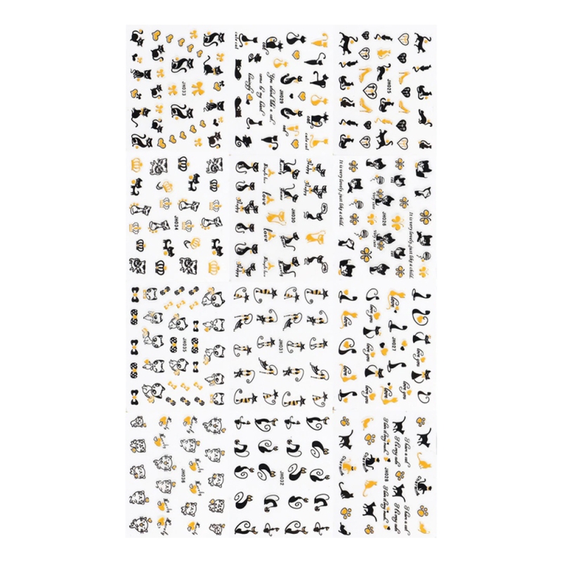 Set stickere A5 pentru decor unghii Lila Rossa, cu fundite, pisici, inimioare, 12 buc, jh-029-032