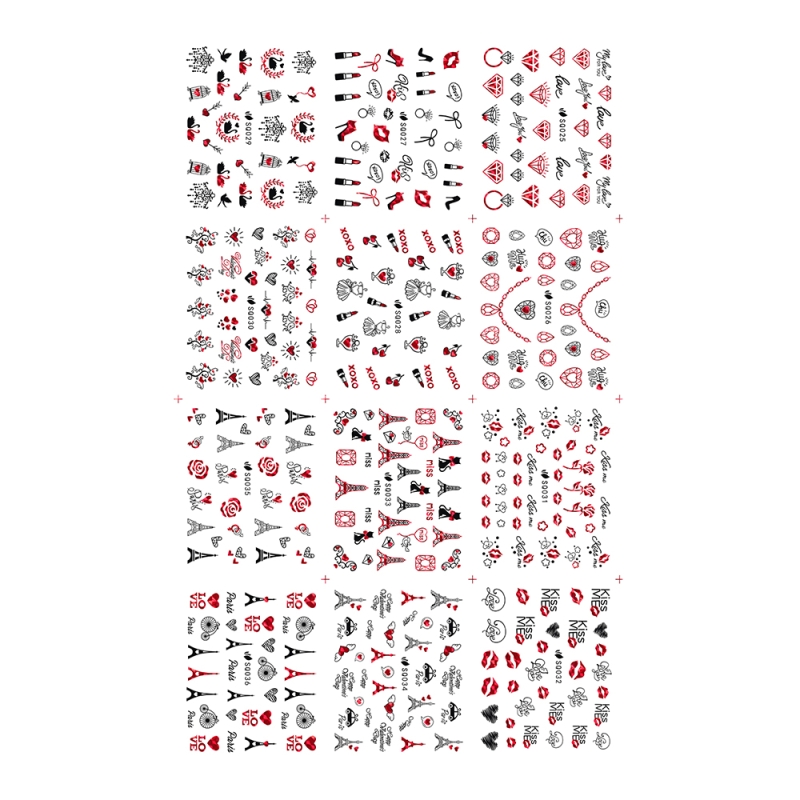 Set stickere A5 pentru decor unghii Lila Rossa, pentru valentine\'s day, 12 buc, sq-029-032