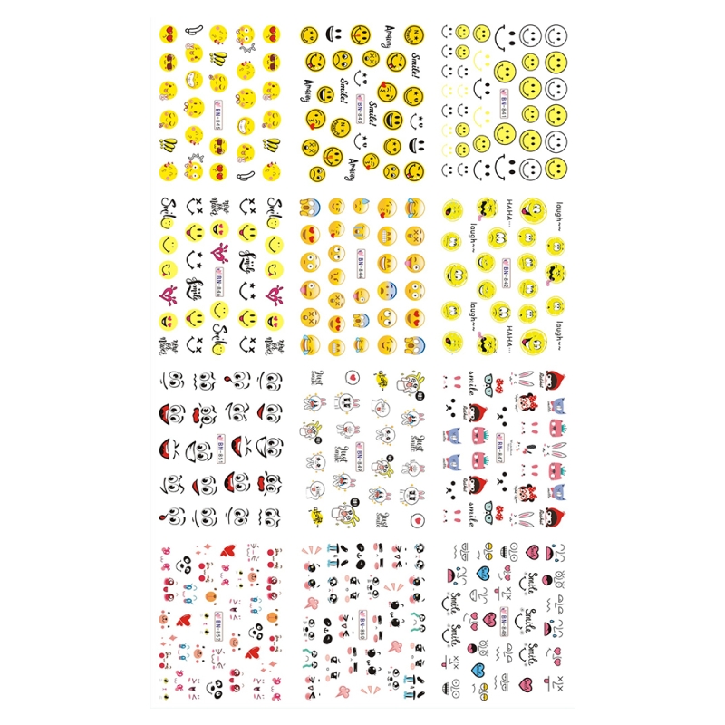 Set stickere pentru decor unghii Lila Rossa, cu linii, forme, emoji, 12 buc, bn-845-848