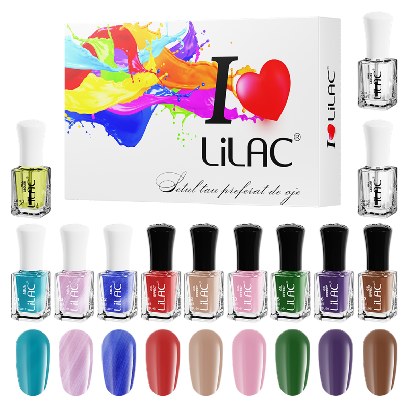 Set lac de unghii Lilac, Aqua, 12 bucati, 9 culori, base coat, top coat, ulei de cuticule