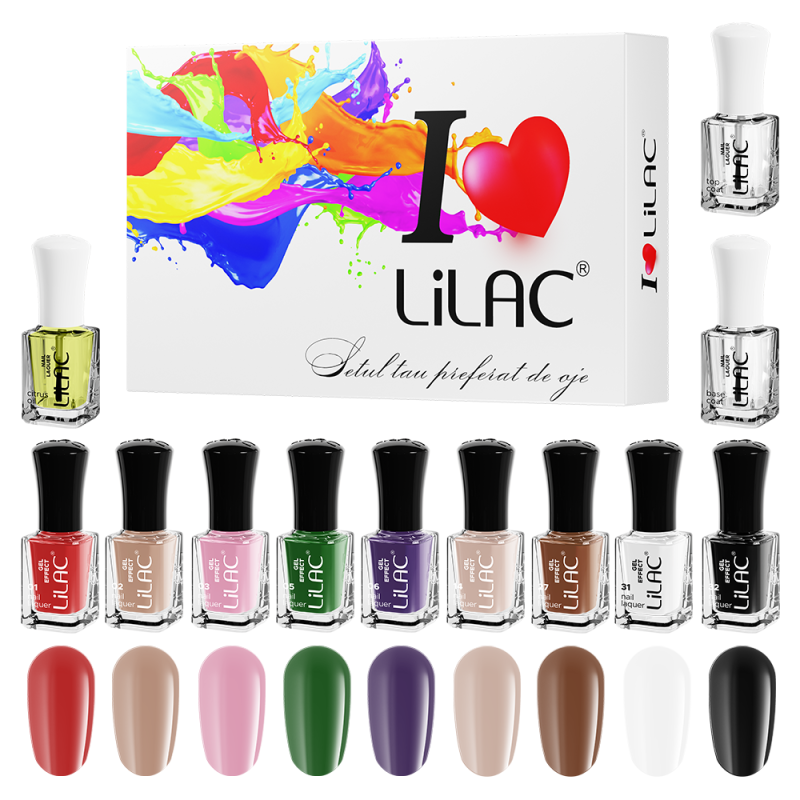 Set lac de unghii Lilac, Gel Effect 1, 12 bucati, 9 culori, base coat, top coat, ulei de cuticule