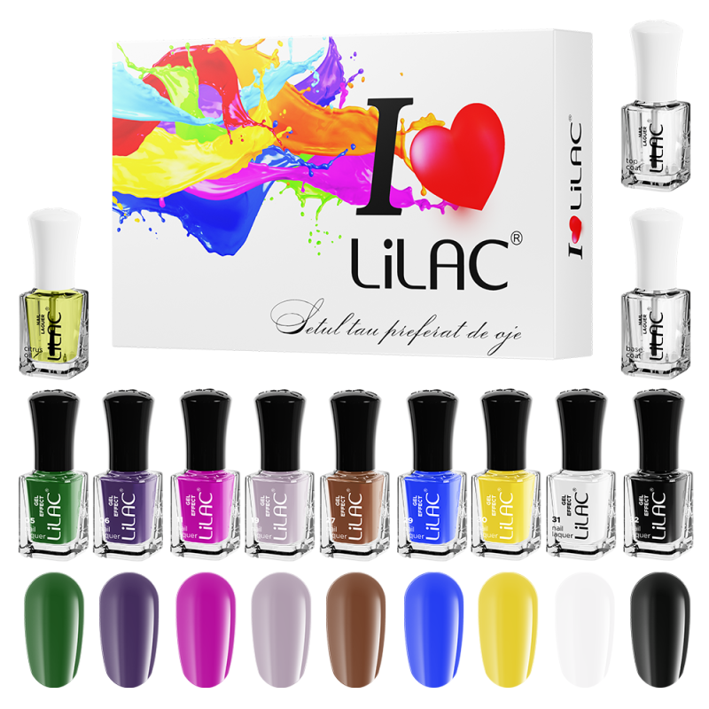 Set lac de unghii, Lilac, Gel Effect 3, 12 bucati, 9 culori, base coat, top coat, ulei de cuticule