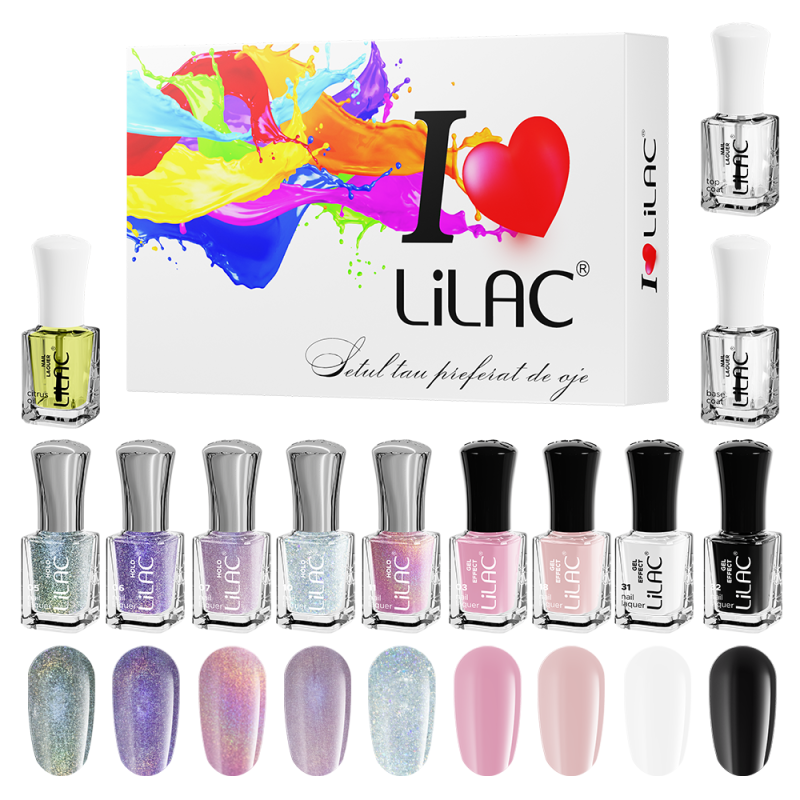 Set lac de unghii, Lilac, Gel Effect 4, 12 bucati, 9 culori, base coat, top coat, ulei de cuticule