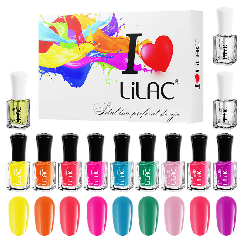 Set lac de unghii Lilac, Neon, 12 bucati, 9 culori, base coat, top coat, ulei de cuticule