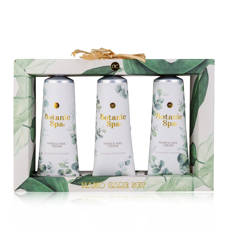 Set cadou femei, crema de maini, Hand care set BOTANIC SPA in paper gift box, incl. 3 * 60ml hand & nail cream, fragrance: Eucalyptus & Lemongrass, col. green/white/gold, PU 6/24, set cadou craciun