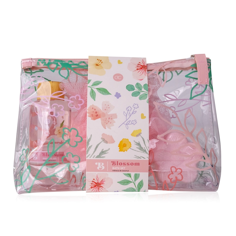 Set cadou femei, gel de dus, burete, spumant, Bath set BLOSSOM in cosmetic bag, incl. 100ml shower gel, 40g bath fizzer, 15g net sponge, fragrance: Hibiscus & Coconut, col. white/light pink/yellow, PU 6/12, set cadou craciun